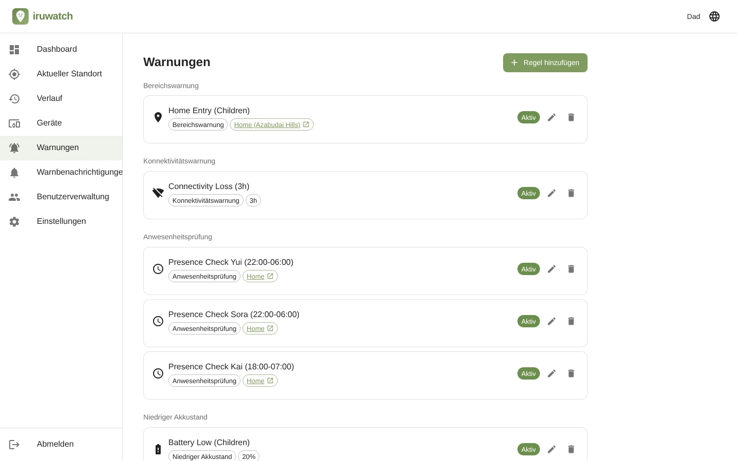 Ansicht der Alarmlistenseite von iruwatch mit konfigurierten Alarmregeln