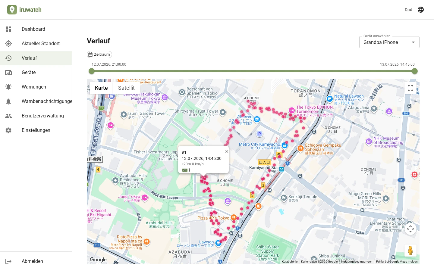 Ansicht der Standortverlaufsseite von iruwatch mit einer als Linie dargestellten Bewegungsroute auf der Karte