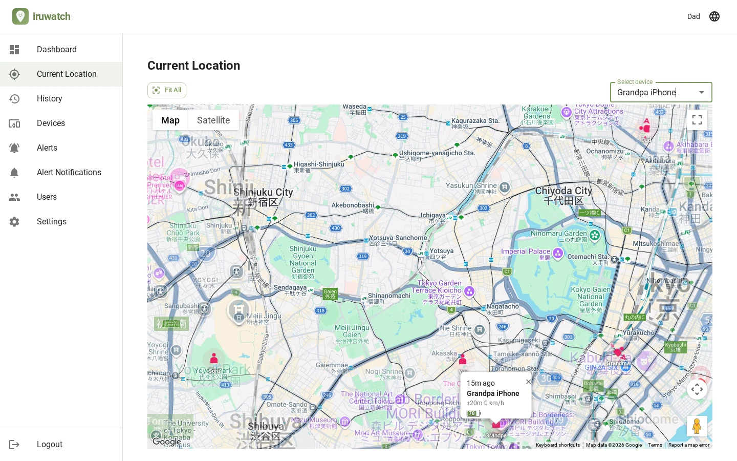 iruwatch current location page showing device positions as markers on a map