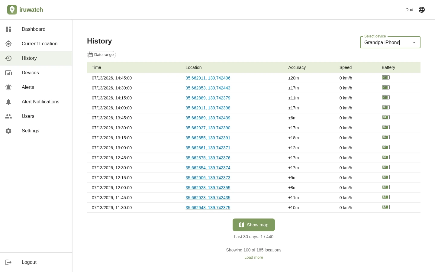 The iruwatch location history page showing recorded points in a list without a map