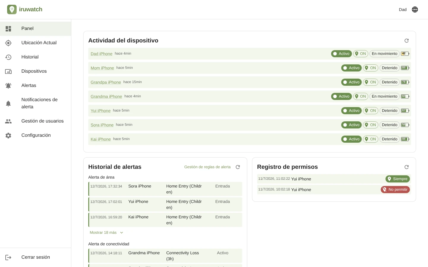 El panel de iruwatch mostrando la lista de dispositivos, el estado de los dispositivos y las últimas alertas en una sola pantalla