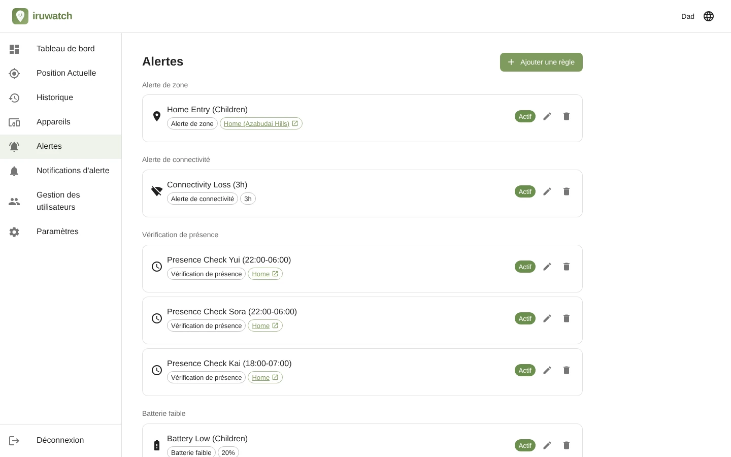 Écran de la liste des alertes iruwatch affichant les règles d'alerte configurées
