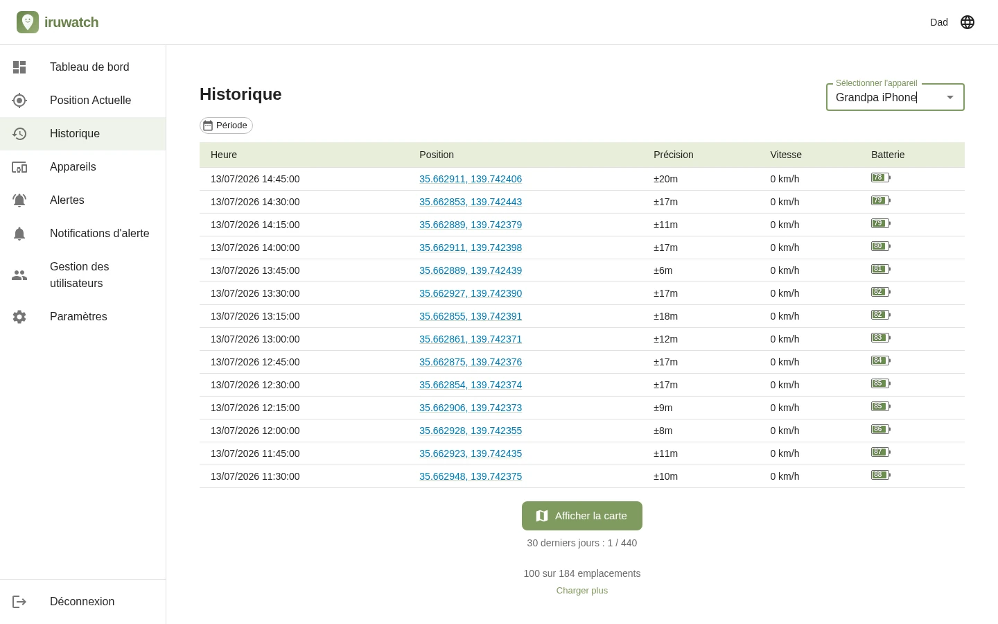 La page d'historique des positions d'iruwatch affichant les points enregistrés sous forme de liste, sans carte