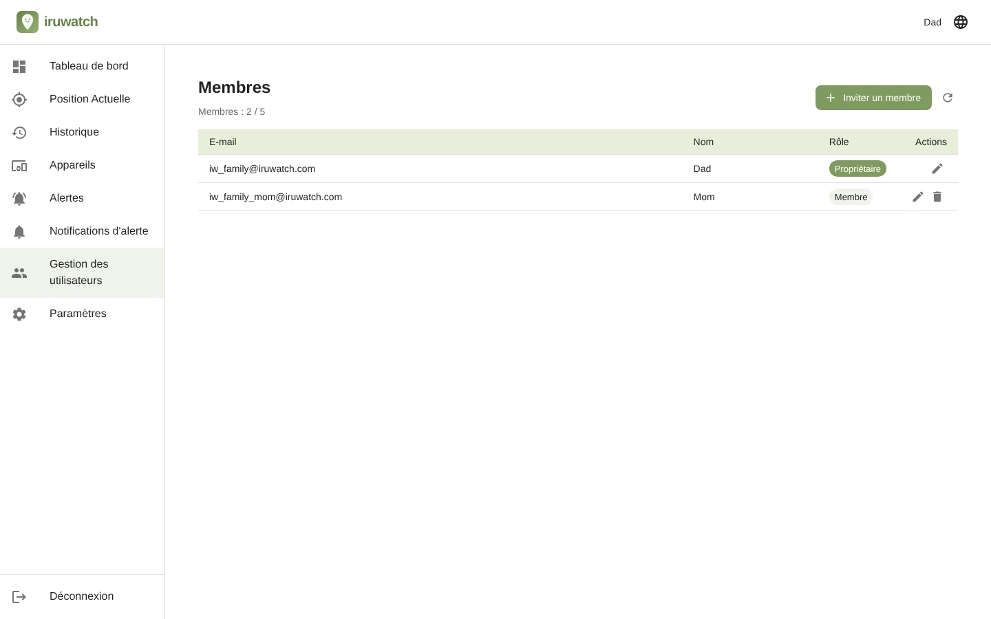 Page de gestion des utilisateurs d'iruwatch