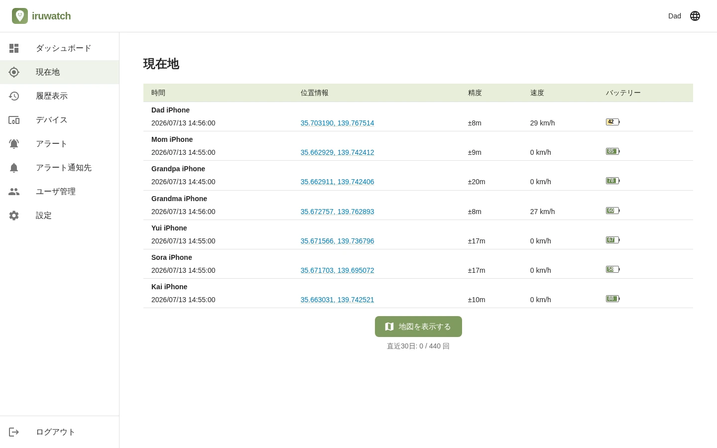 iruwatchの現在地ページで、地図を使わずにデバイスの位置情報を一覧表示している画面