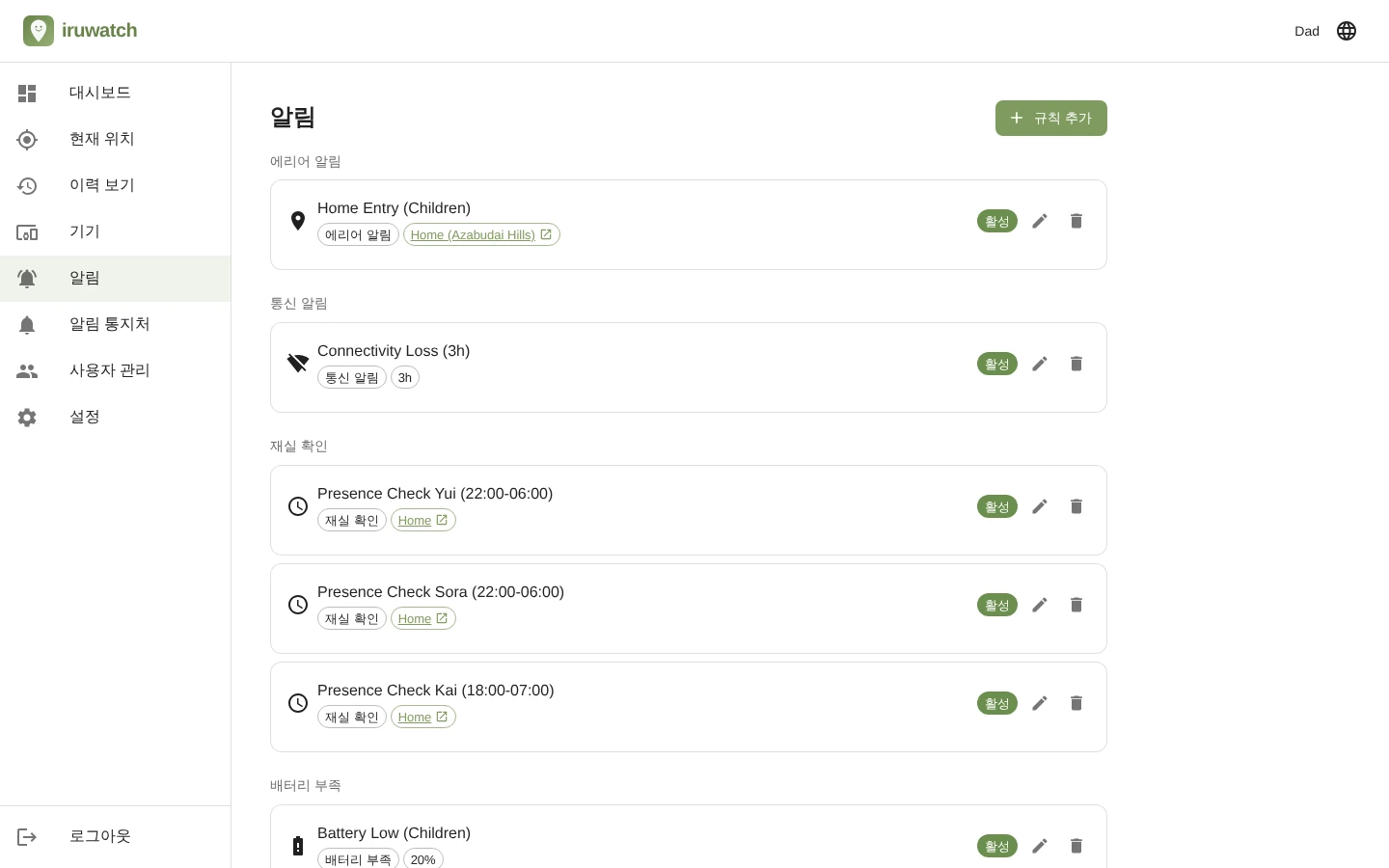 iruwatch 알림 목록 페이지에서 설정된 알림 규칙이 나열된 화면