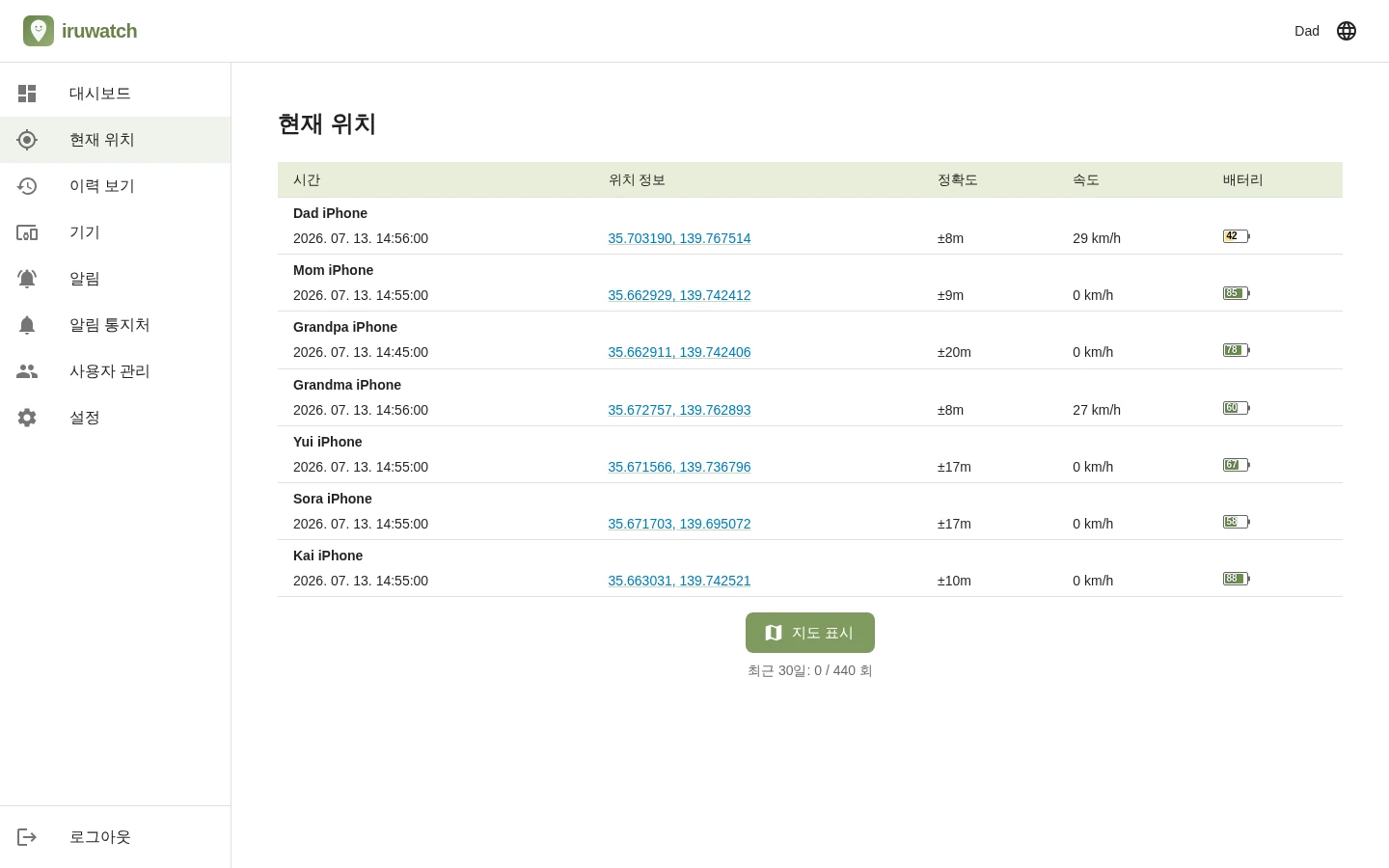 지도를 사용하지 않고 기기 위치를 목록으로 표시하는 iruwatch 현재 위치 페이지 화면