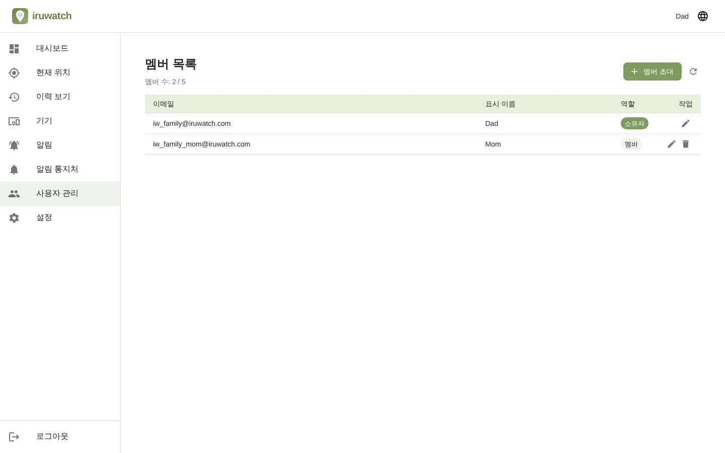 iruwatch 사용자 관리 페이지