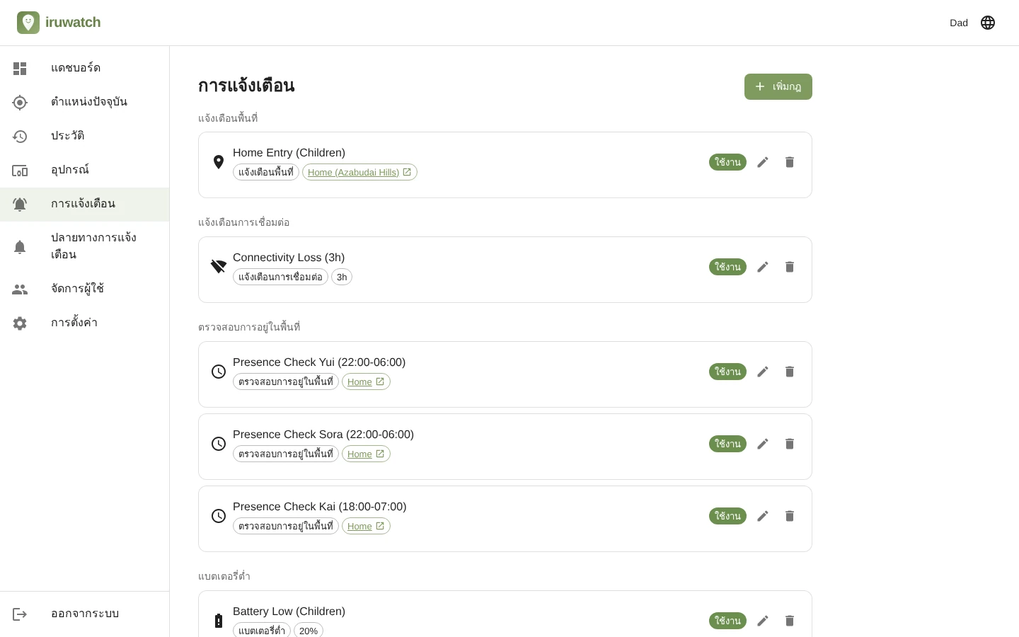 หน้ารายการการแจ้งเตือนของ iruwatch ที่แสดงกฎการแจ้งเตือนที่ตั้งค่าไว้