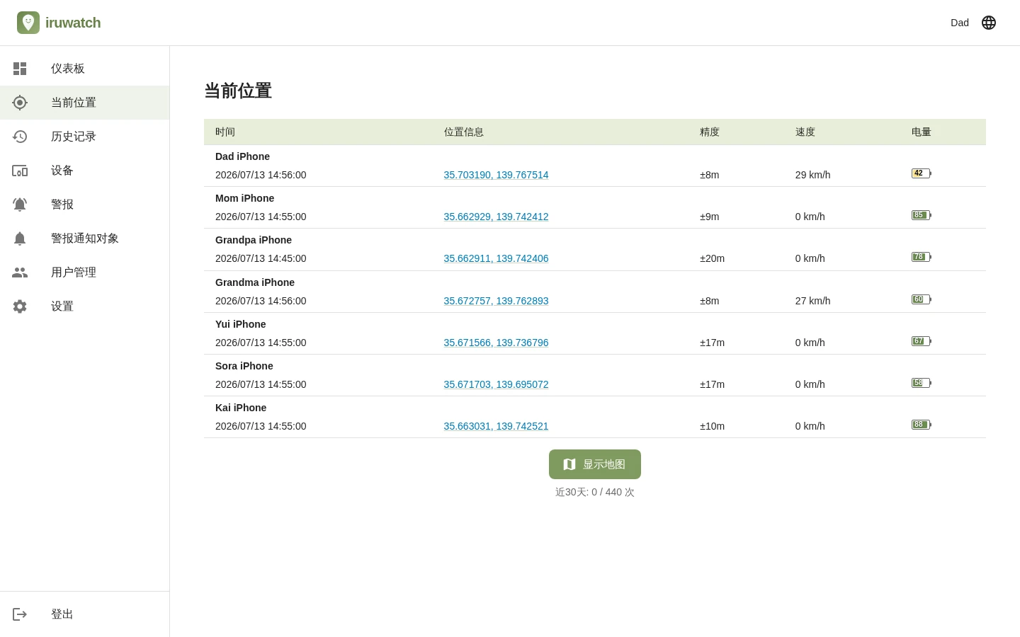 iruwatch 当前位置页面在不使用地图的情况下以列表形式显示设备位置的画面