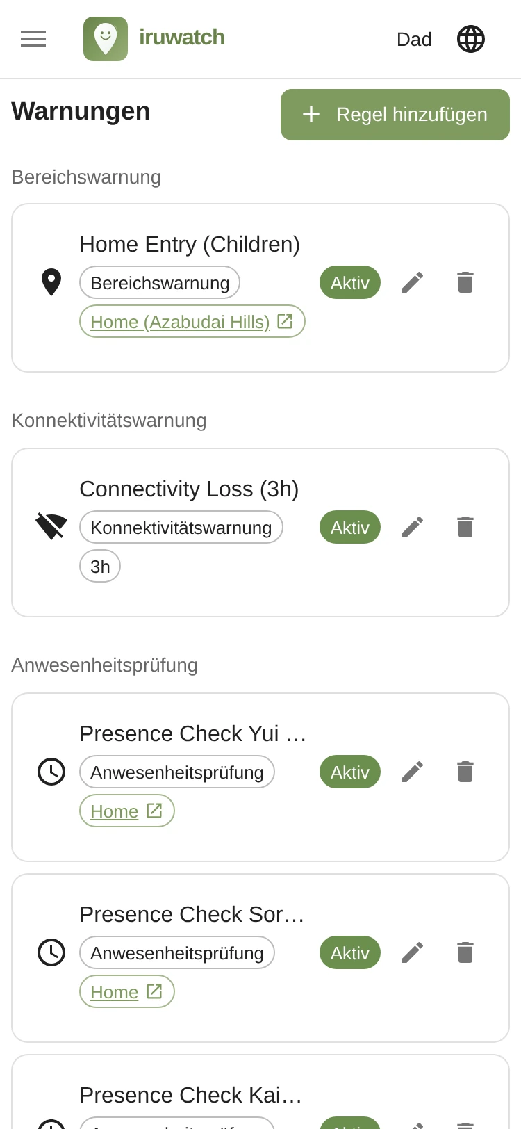 Ansicht der Alarmlistenseite von iruwatch mit konfigurierten Alarmregeln
