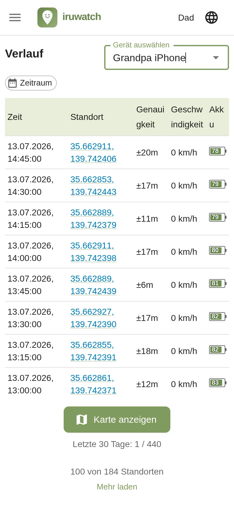 Der Bildschirm der iruwatch-Standortverlaufsseite, der aufgezeichnete Punkte als Liste ohne Karte anzeigt
