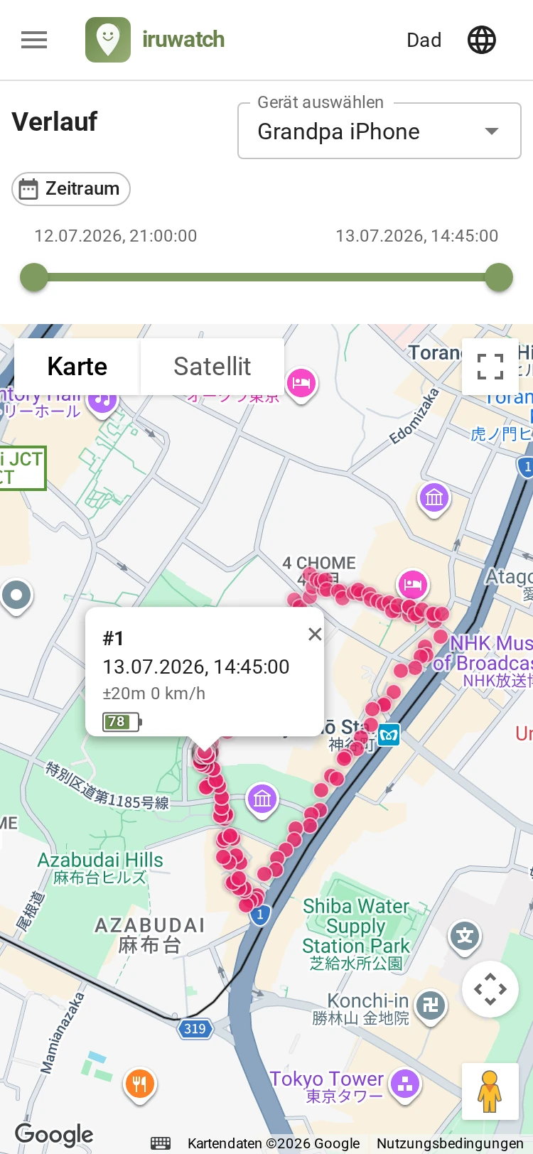 Ansicht der Standortverlaufsseite von iruwatch mit einer als Linie dargestellten Bewegungsroute auf der Karte