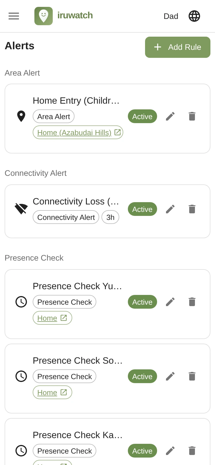 iruwatch alert list page showing configured alert rules