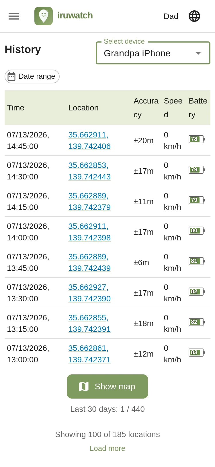 The iruwatch location history page showing recorded points in a list without a map
