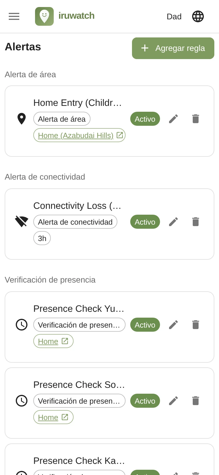 Pantalla de la lista de alertas de iruwatch con las reglas de alerta configuradas
