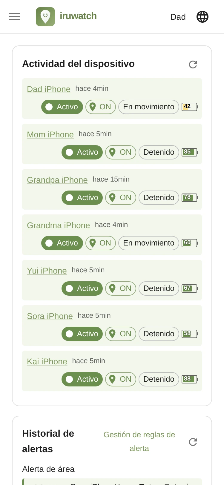 El panel de iruwatch mostrando la lista de dispositivos, el estado de los dispositivos y las últimas alertas en una sola pantalla