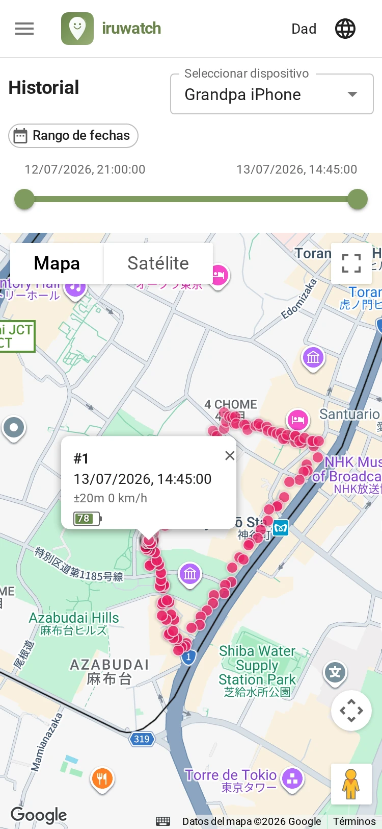 Pantalla de la página de historial de iruwatch con la ruta de movimiento mostrada como una línea sobre el mapa