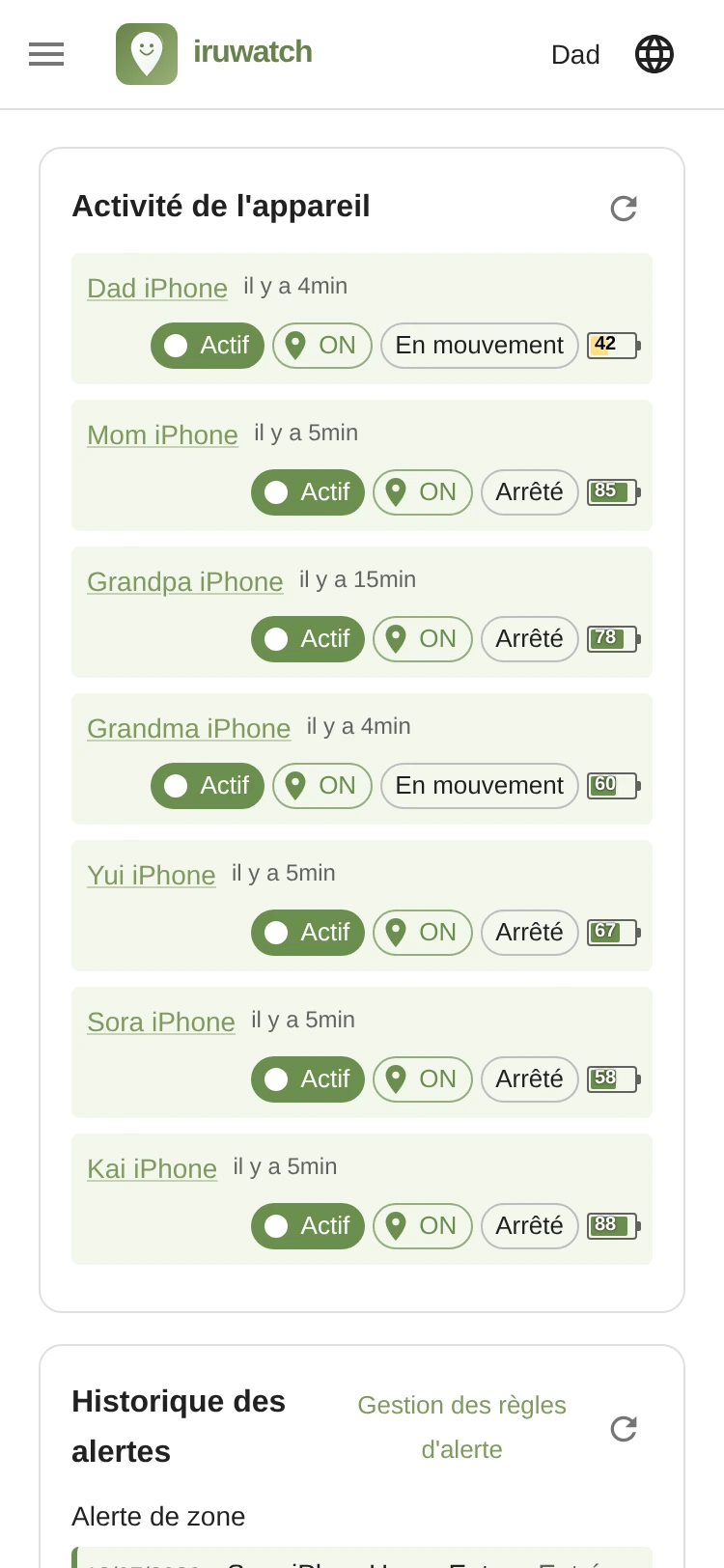 Le tableau de bord iruwatch affichant la liste des appareils, l'état des appareils et les dernières alertes sur un seul écran