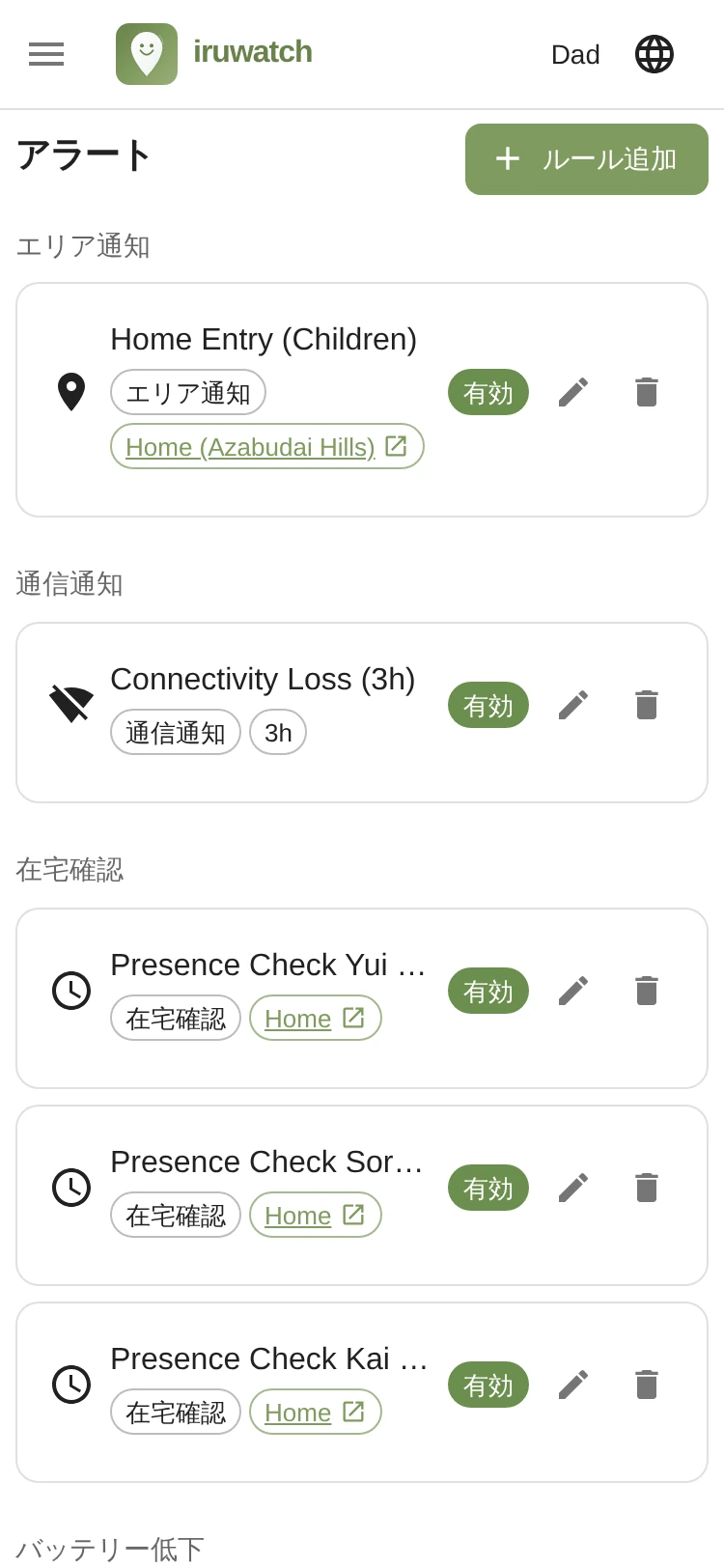 iruwatchのアラート一覧ページで設定済みのアラートルールが並んでいる画面