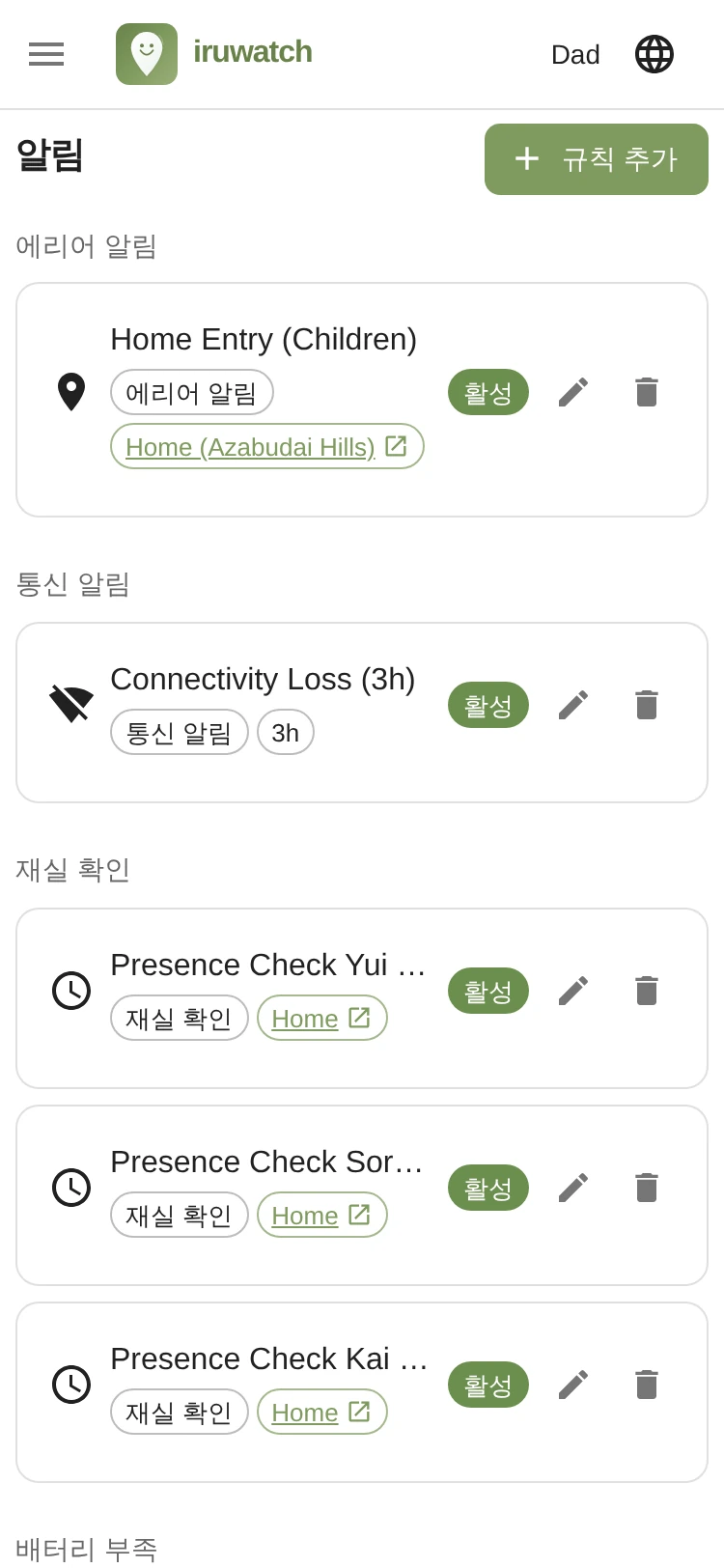 iruwatch 알림 목록 페이지에서 설정된 알림 규칙이 나열된 화면