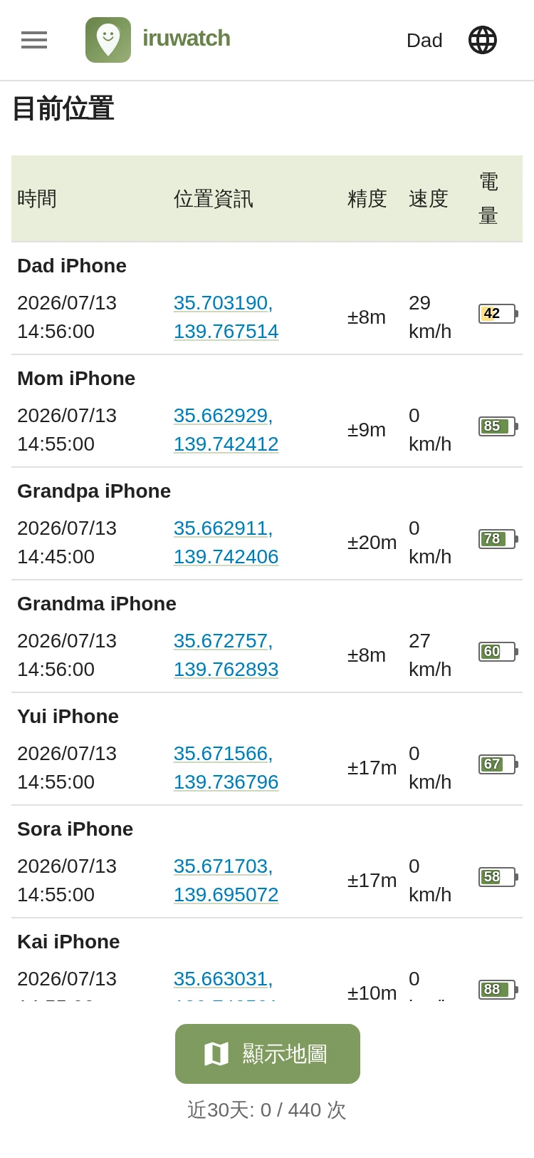 iruwatch 目前位置頁面在不使用地圖的情況下以清單形式顯示裝置位置的畫面